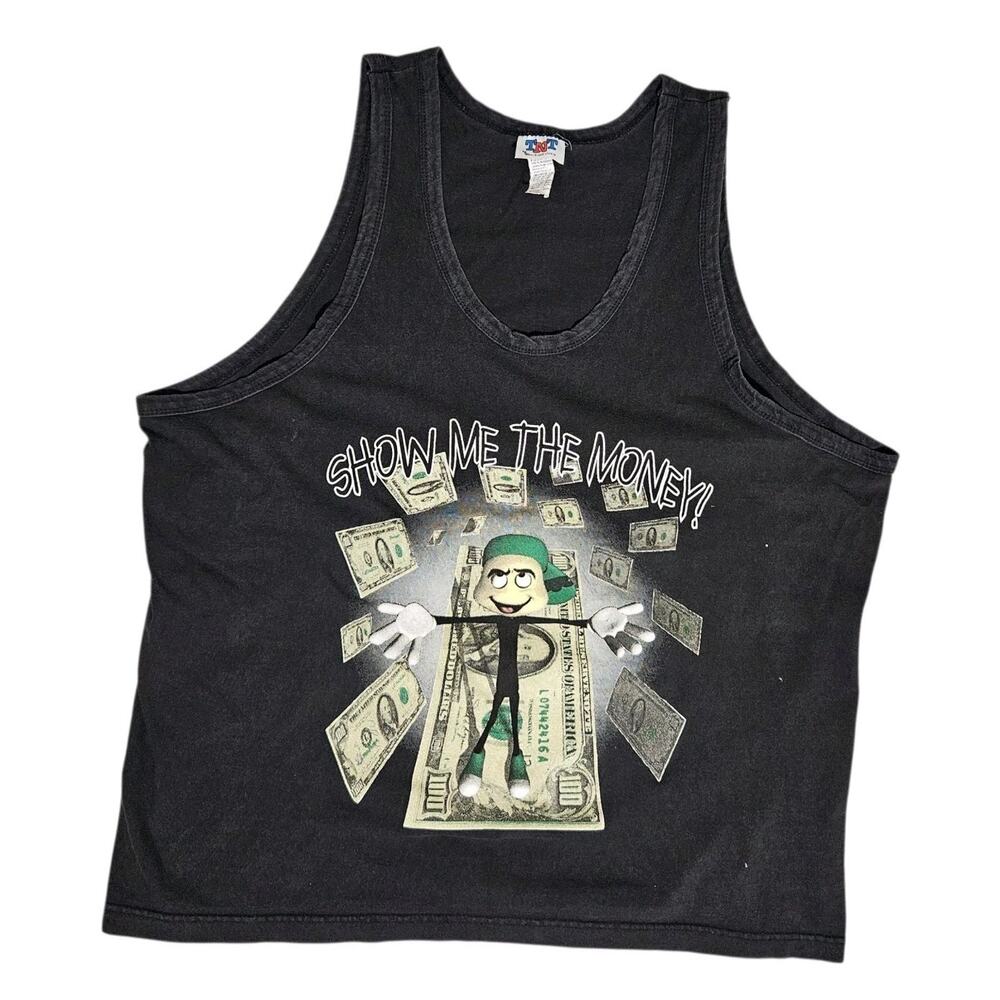 Show Me The Money Tank Vtg Y2K Graphic Muscle Shirt TNT Trau Loevner Black XL
